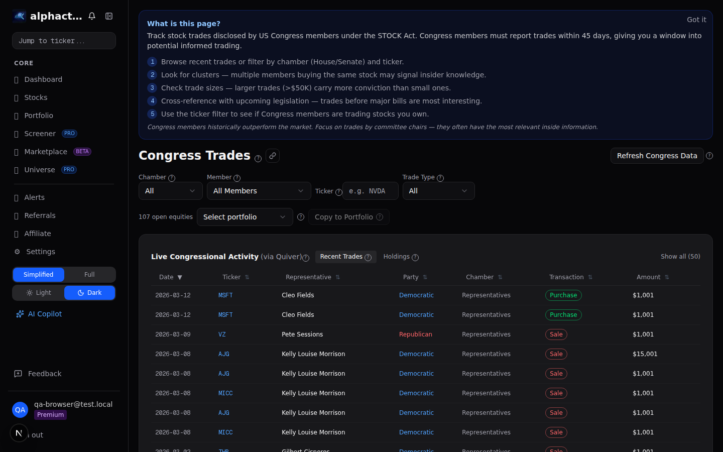 Congress tracker showing filtered trades with committee relevance