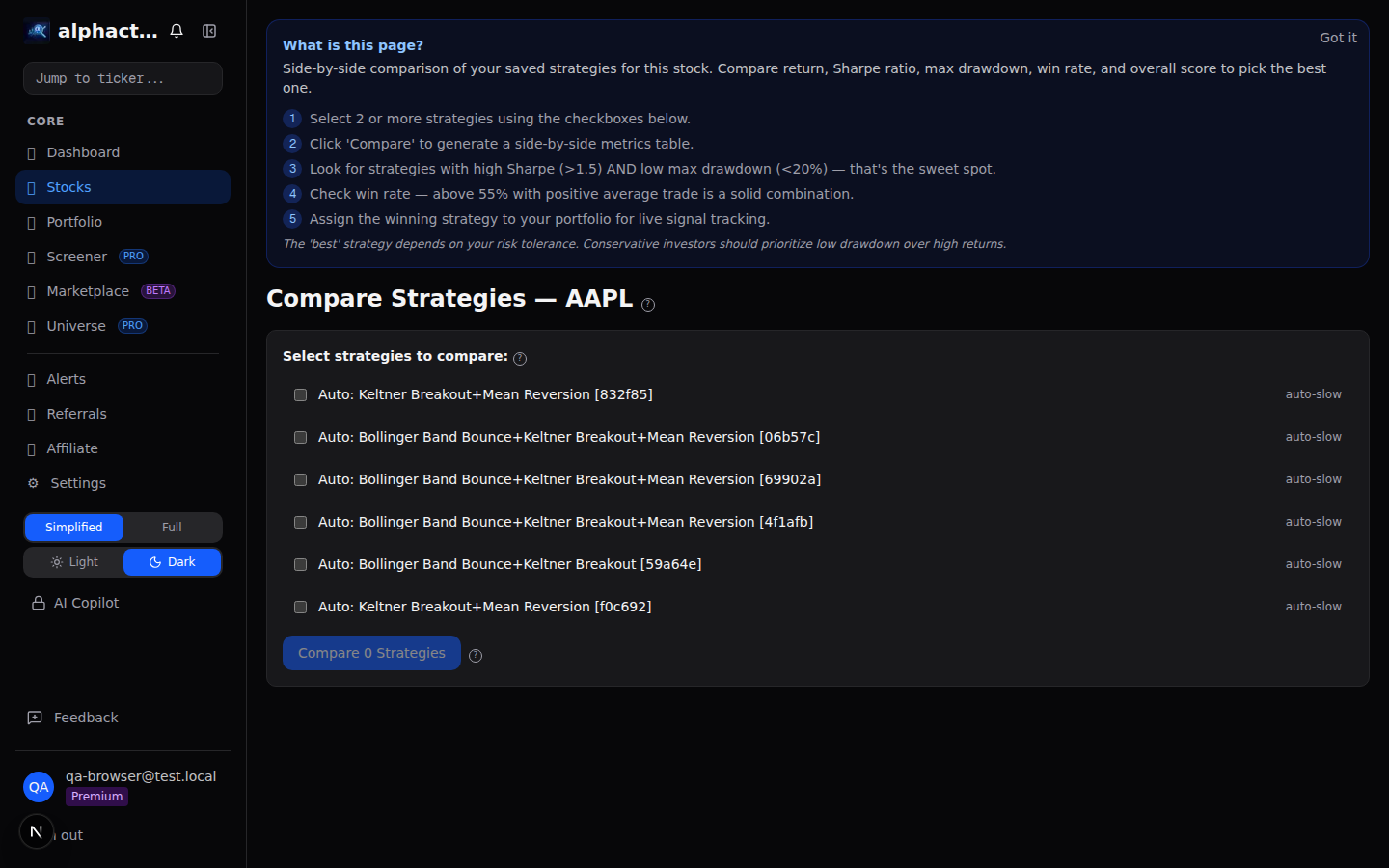 Side-by-side stock comparison view with fundamentals and technicals