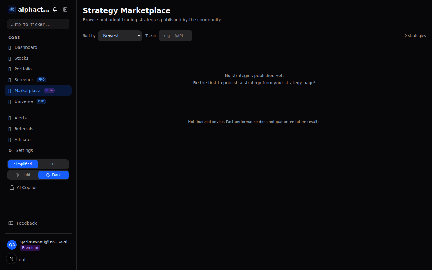 Strategy Marketplace grid showing published strategies with performance metrics
